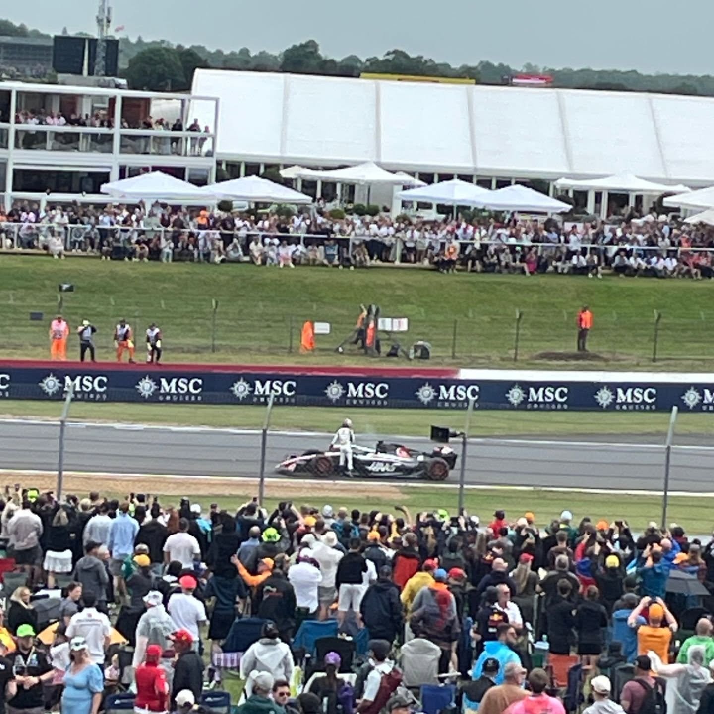 Broken down haas F1 car